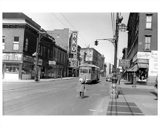 Greenpoint Avenue looking north at Calyer Street and RKO Greenpoint Theater, 1950