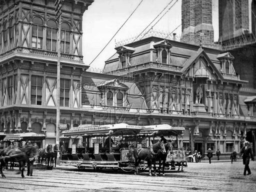 Scene at the Fulton Ferry, showing horse-drawn streetcars, c.1884 Old Vintage Photos and Images