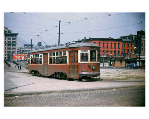 Trolley coming off the Brooklyn Bridge 1947 - Dumbo - Brooklyn, NY Old Vintage Photos and Images