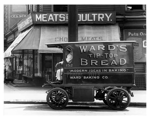 Upclose shot of a bakery truck & Butcher shop on St. Ann's & Westchester Ave - Bronx, NY  1917 Old Vintage Photos and Images