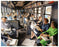 A vintage photograph of a crowded city bus interior with passengers seated in rows, reading newspapers and holding magazines. Passengers wear mid-century clothing, and posters and advertisements are visible along the bus walls and overhead.