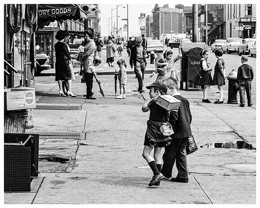 Kids on sidewalk with lunch boxes, New York - 1961