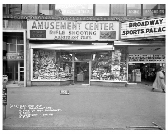 50th Street & Broadway in front of Amusement Center Rifle Shooting 1957  - Midtown Manhattan - New York, NY Old Vintage Photos and Images