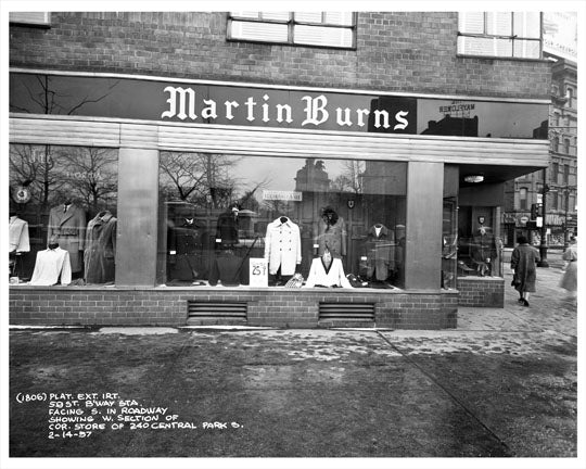 59th Street & Broadway in front of Martin Burns Storefront 1957  - Midtown Manhattan - New York, NY Old Vintage Photos and Images