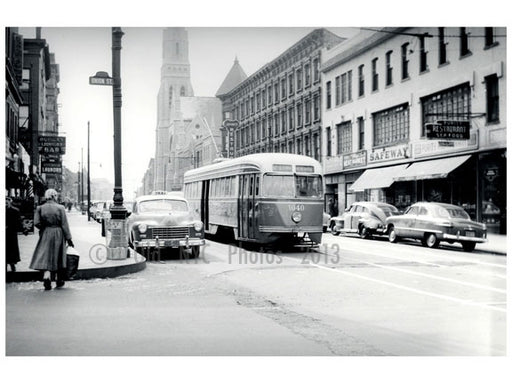 Trolley passing down a car lined street - 7th Ave & Union St 1951 Brooklyn NY Old Vintage Photos and Images
