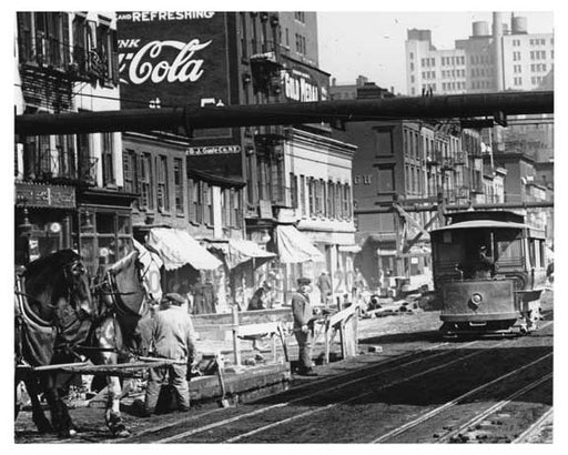 7th Avenue - Trolley & Horse & Buggy intersection with a Huge Coca-Cola Billboard in the background 1917 Chelsea NYC Old Vintage Photos and Images