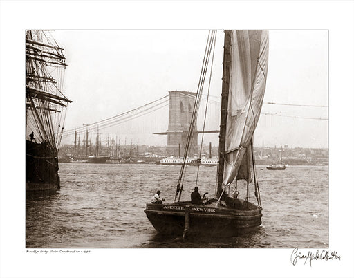 View of Brooklyn Bridge under construction from river, 1877