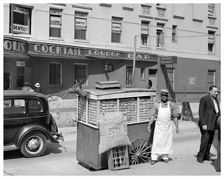 Peanut wagon on Lenox Avenue & 133rd Street NYC 1938