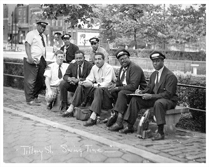Transit workers on break at McGlaughlin Park, Tillary and Jay Streets, Downtown - c 1950