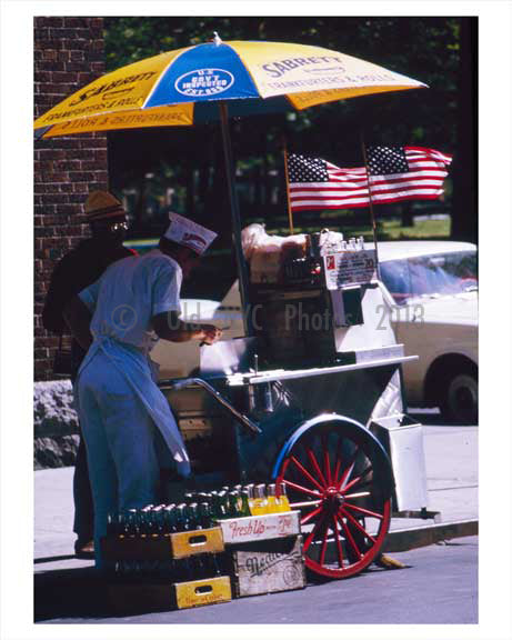 A hot dog cart - Greenwich Village 1965 Downtown Manhattan Old Vintage Photos and Images
