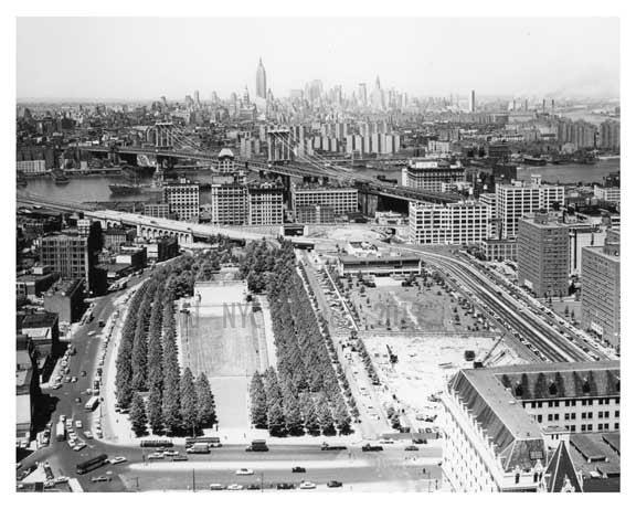 Aerial shot of NYC from Brooklyn - Manhattan Bridge - Manhattan Skyline in the background Empire State Building in sight  New York, NY Old Vintage Photos and Images
