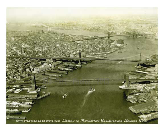 Aerial Shot of NYC Including Manhattan Isle,  Manhattan, Williamsburg, Brooklyn Bridges - New York, NY Old Vintage Photos and Images