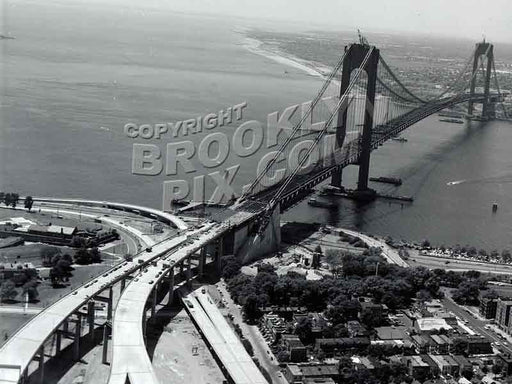 Aerial view of Fort Hamilton and Verrazano-Narrows Bridge near completion in 1964 Old Vintage Photos and Images