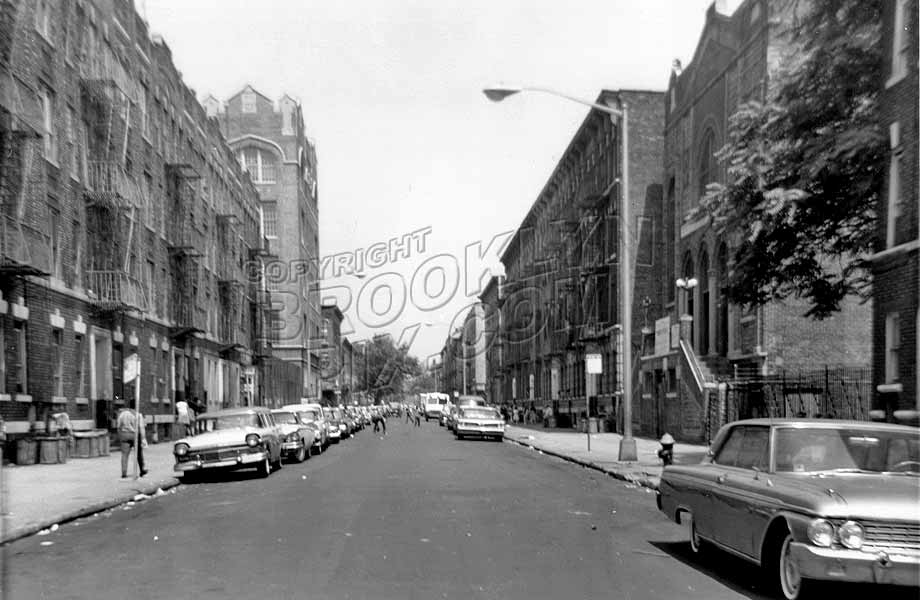 Alabama Avenue looking north to Dumont Avenue, showing P.S. 174 and synagogue, 1964 Old Vintage Photos and Images