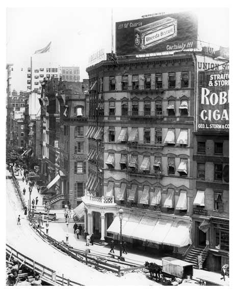Another up close shot of Union Square Park - under construction with a huge 'Robert Burns Cigars' Bilboard ona bldg. -July 1902 - New York, NY Old Vintage Photos and Images