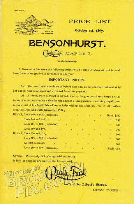 Bensonhurst, original price list, 1897