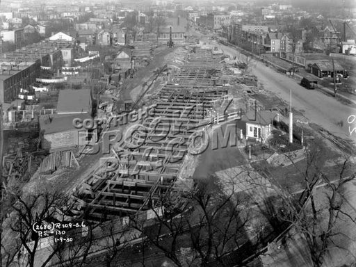 Bird's-Eye view of Windsor Terrace looking north from roof of P.S.130, showing subway construction, 1930 Old Vintage Photos and Images