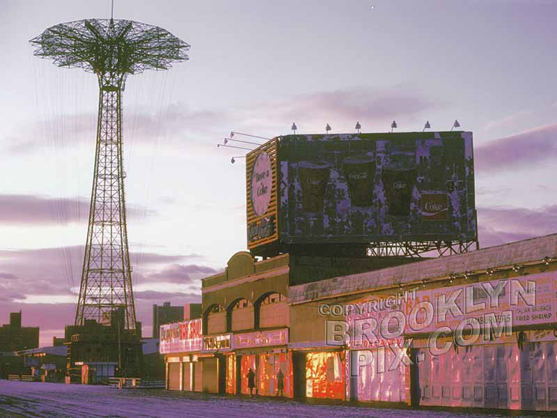 Boardwalk stores and closed Parachute Jump, in winte Old Vintage Photos and Images
