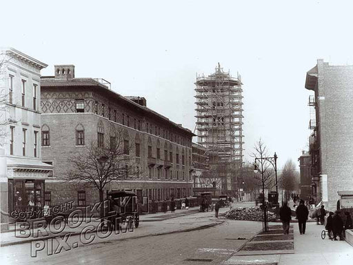 Brooklyn Avenue, north to Lincoln Place; St. Gregory's church tower under construction, 1915 Old Vintage Photos and Images
