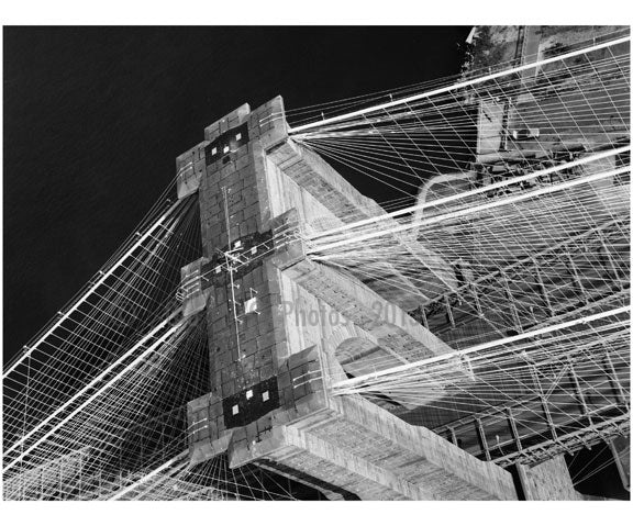 Brooklyn Bridge - aerial view looking at the top of the Manhattan Tower 1982 Old Vintage Photos and Images