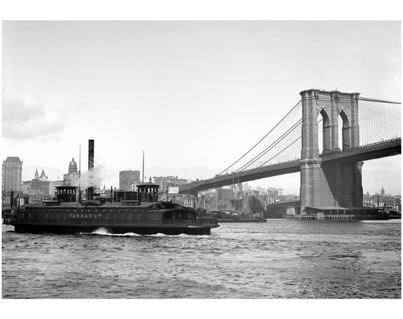 Brooklyn Bridge with the Fulton Ferry passing in front of it Old Vintage Photos and Images