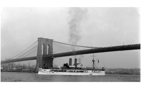 Brooklyn Bridge with the U.S.S. Maine passing by Old Vintage Photos and Images