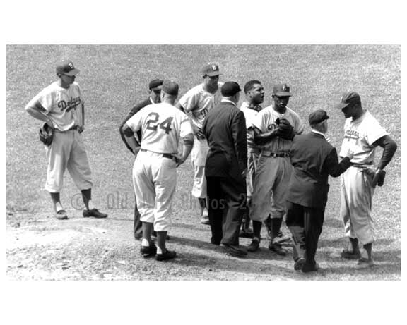 Brooklyn Dodgers Pitching Mound Conference - Pitcher Don Newcombe far right  at Ebbets Field - 1957 - Flatbush  - Brooklyn NY