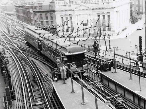 "BU" 1300 series elevated cars on fan trip, seen at junction of Broadway and Myrtle elevateds, 1956 Old Vintage Photos and Images