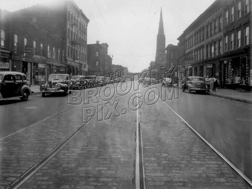 Bushwick Ave. looking southeast to Melrose St. showing St. Mark's Church at Jefferson St. Old Vintage Photos and Images