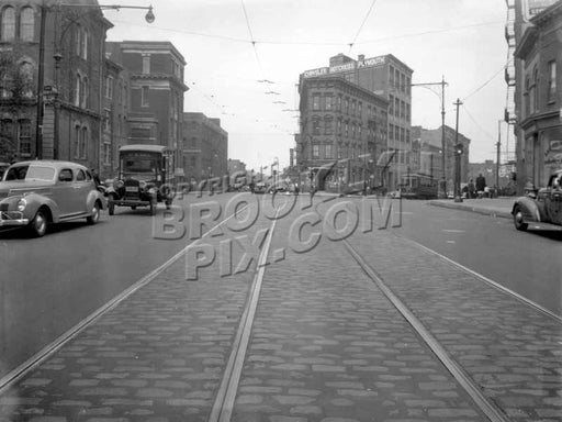 Bushwick Avenue looking north to Arion Place, PS24 at Beaver Street, 1940 Old Vintage Photos and Images