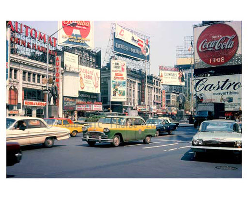 Classic Yellow Taxis passing through Times Square 1960s Midtown Manhattan Old Vintage Photos and Images