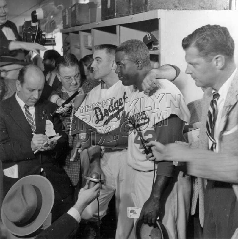 Clem Labine with Jackie Robinson after winning Game 6, 1956 World Series Old Vintage Photos and Images