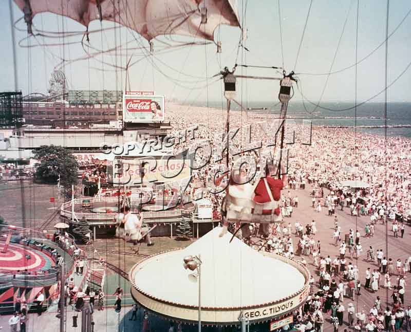 Coney Island boardwalk and beach, looking SE, seen from Parachute Jump,, 1951 Old Vintage Photos and Images