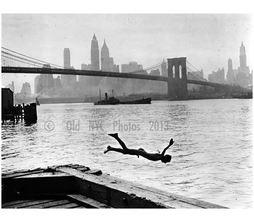diving in head first with the Brooklyn Bridge and Manhattan Skyline in the background Old Vintage Photos and Images