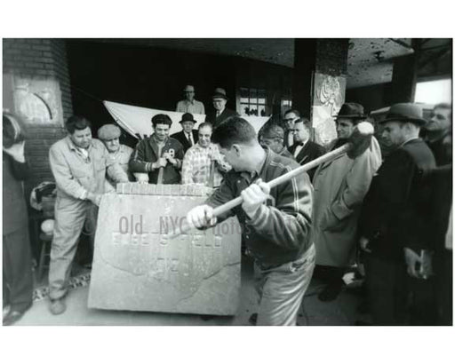 Ebbets Field Demolition - guy slams cornerstone 1960 - Brooklyn NY