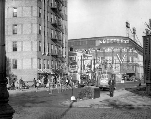 Ebbets Field, from Washington Avenue and Sullivan Place, with WWII Allied victory "V," 1945 Old Vintage Photos and Images