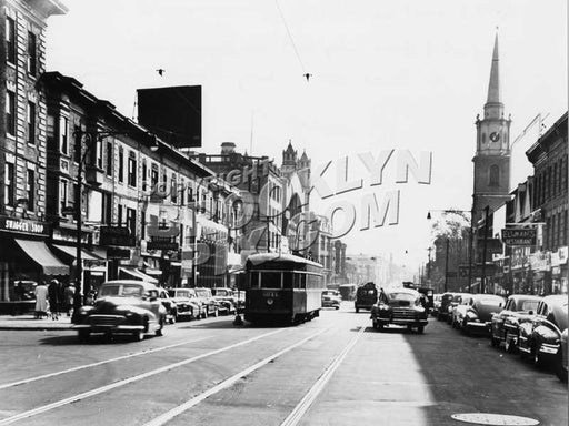 Flatbush Ave. s. to Church Ave., Garfield's, Erasmus Hall HS on left, Dutch Reformed Church on right Old Vintage Photos and Images
