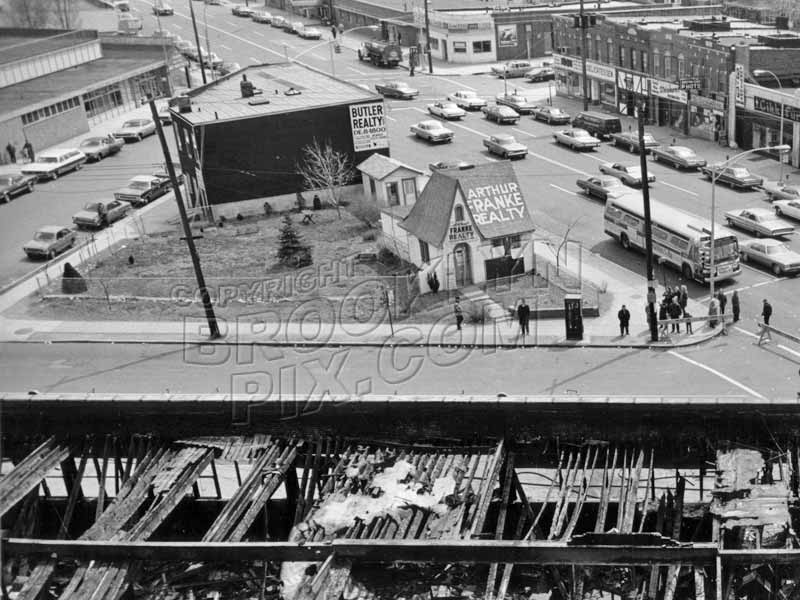 Flatbush Avenue at Avenue N; ruins of Bowling Alley fire in foreground, 1972 Old Vintage Photos and Images