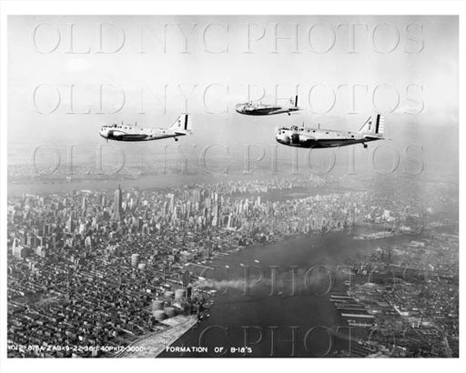 Formation of B-18 planes flying over New York skyline Manhattan NYC 1938 Old Vintage Photos and Images