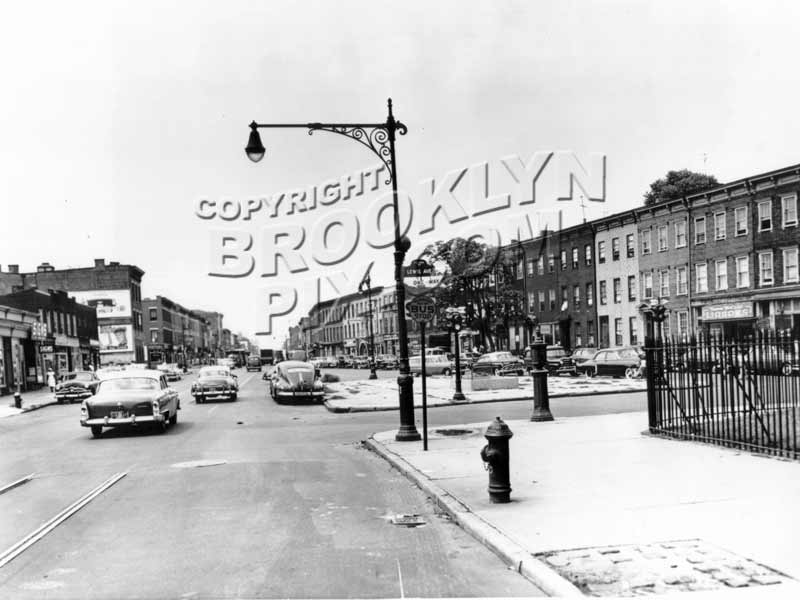 Fulton Street looking west at Lewis Avenue, 1956