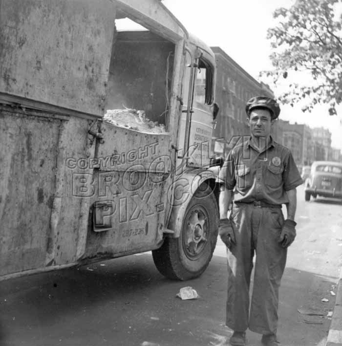 Garbage truck and sanitation worker, 1948 Old Vintage Photos and Images