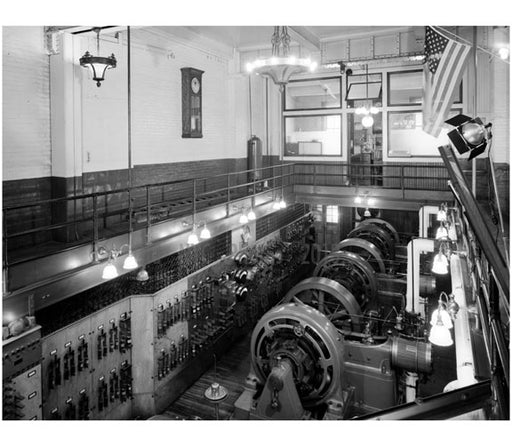 General interior view of power plant showing three generators with control panel on the left- at  Pratt Institute Old Vintage Photos and Images