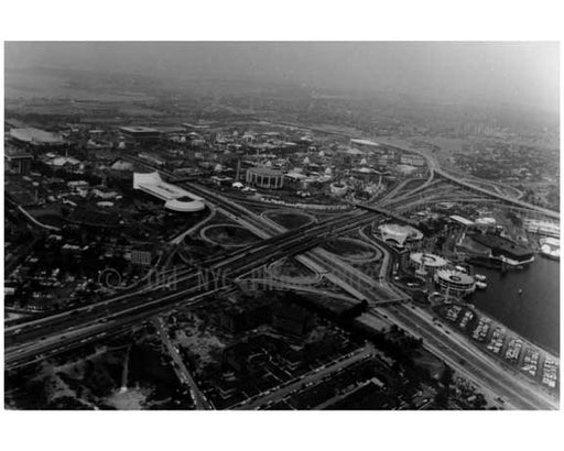 General Motors Pavillion &L.I.E. cloverleaf looking south to Amusement area 1964 Worlds Fair - Flushing - Queens NY Old Vintage Photos and Images