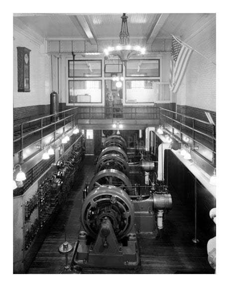 General view of power plant showing 3 GE Direct Current Gnerators with steam pipes to the right- at  Pratt Institute Old Vintage Photos and Images