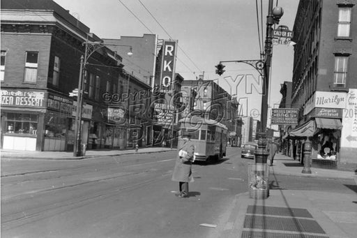 Greenpoint Avenue looking north at Calyer Street and RKO Greenpoint Theater, 1950 Old Vintage Photos and Images