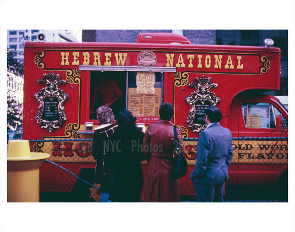 People line up outside a Hebrew National Hot dog truck Old Vintage Photos and Images