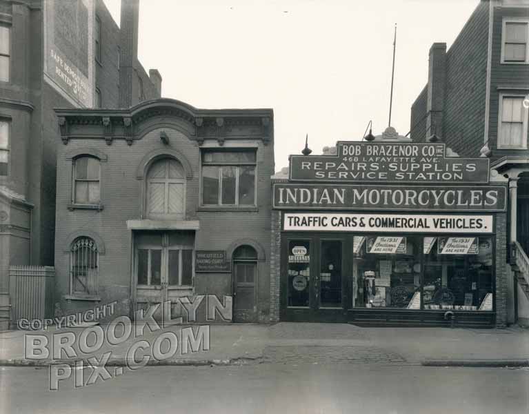 Indian Motorcycle dealership and former carriage house at 468 Lafayette Avenue, 1930