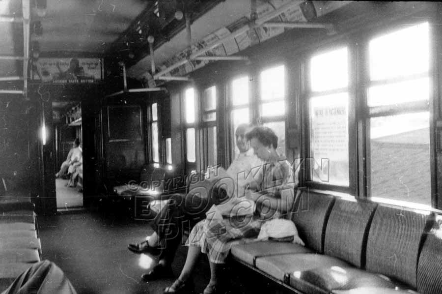 Inside a C-type wooden elevated car on the BMT Fulton Street el, c.1955 Old Vintage Photos and Images