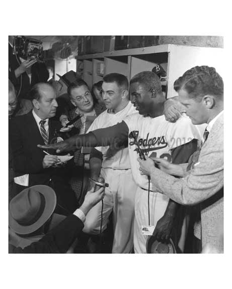 Jackie Robinson in the Dodger Locker Room with Reporters World Series 1956 1