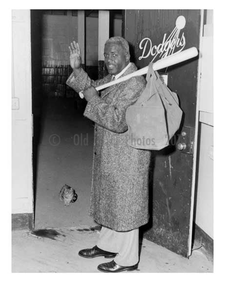 Jackie Robinson retires 1957 - seen leaving Ebbets Field locker room - mystery kitten in doorway - Flatbush - Brooklyn NY
